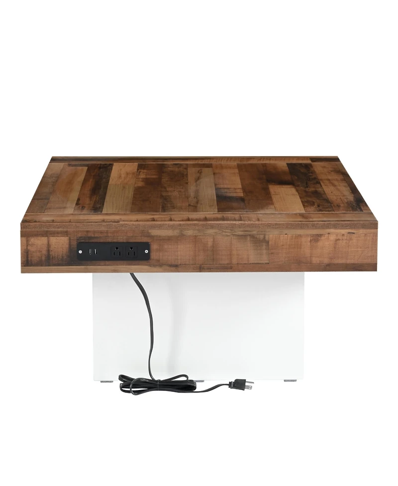 Streamdale Furniture 31.4" x 31.4" Farmhouse Coffee Table with 2 Usb Ports and Outlets, Brown Spliced Wood Grain Center Table with Led Light, Rustic C
