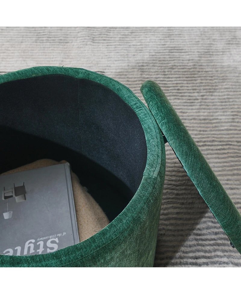 2-Piece Set Round Chenille Storage Ottoman, Equipped with a Drum Shaped Small Stool, Storage Space, and Mdf Made Desktop Panel (Dark Green23.62"