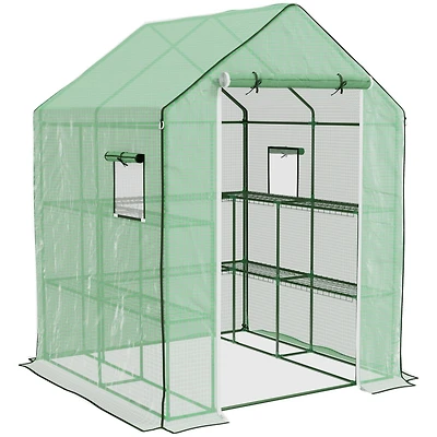 4.6' x 4.7' Portable Greenhouse, Water/Uv Resistant Walk-In Small Outdoor Greenhouse with 2 Tier U-Shaped Flower Rack Shelves, Roll Up Door & Windows,