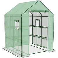 4.6' x 4.7' Portable Greenhouse, Water/Uv Resistant Walk-In Small Outdoor Greenhouse with 2 Tier U-Shaped Flower Rack Shelves, Roll Up Door & Windows,