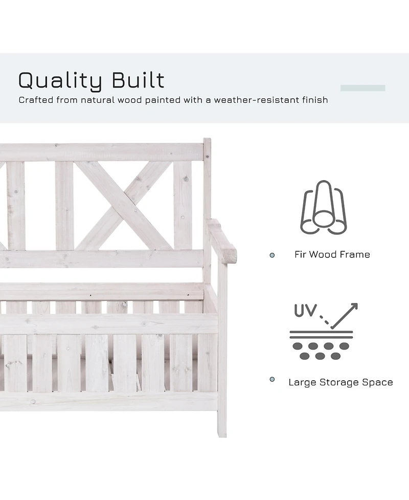 Patio Wooden Bench with Storage Box, 29 Gallon Outdoor Storage Bench, Large Entryway Deck Box w/ Unique X-Shape Back, for Deck, Porch & Balcony, White