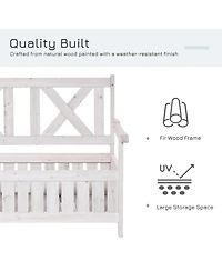 Patio Wooden Bench with Storage Box, 29 Gallon Outdoor Storage Bench, Large Entryway Deck Box w/ Unique X-Shape Back, for Deck, Porch & Balcony, White