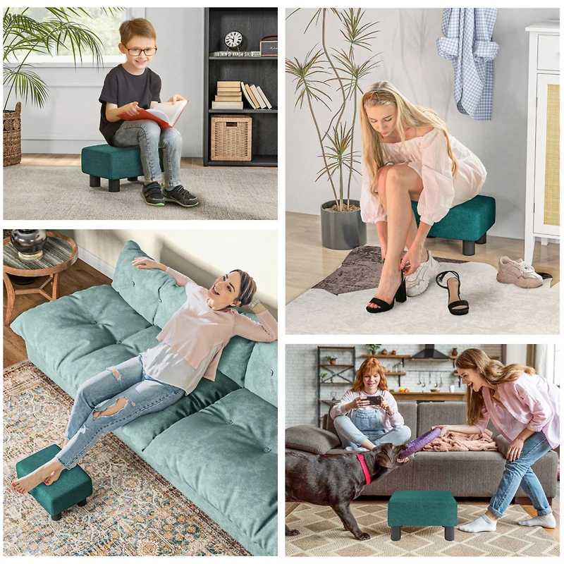 Ottoman Foot Rest, Small Foot Stool with Linen Fabric Upholstery and Plastic Legs, Cube Ottoman for Living Room, Green