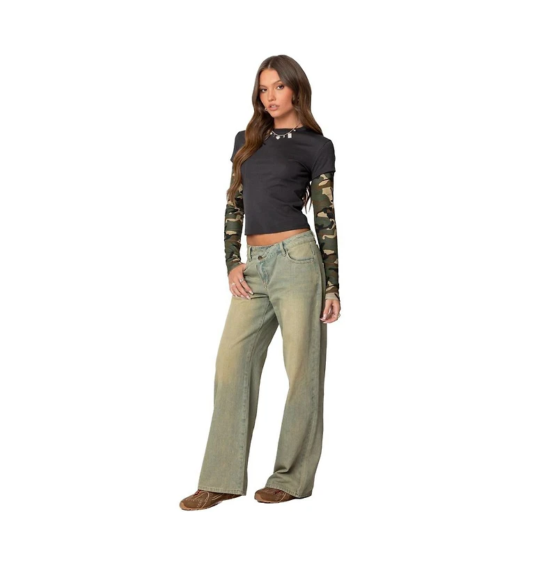 Edikted Womens Camo Layered Long Sleeve T Shirt
