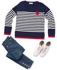 Cece Womens Sailor Stripe Heart Trim Sweater Imitation Pearl Trim Skinny Jeans