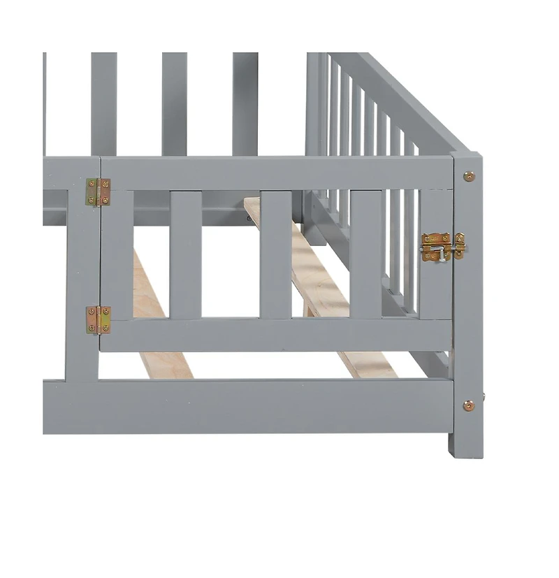 Simplie Fun Full-size Floor Beds with Bookcases and Blackboards, Versatile Platform Beds with Guard rails, Solid Wood Floor Beds with Storage Headboar