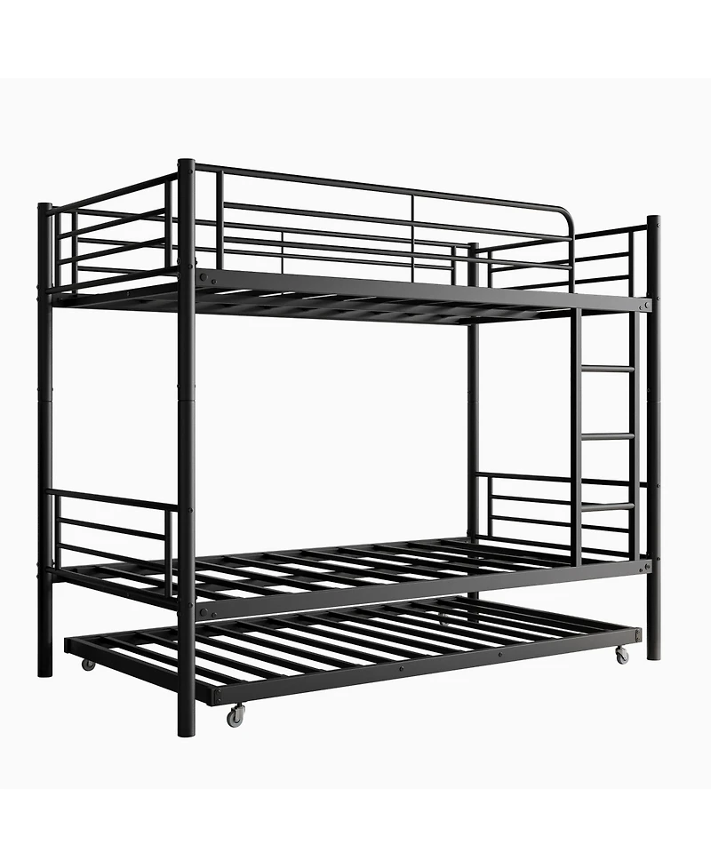 Simplie Fun Twin Bunk Bed with Trundle Metal Bunkbeds with Ladder and Full-Length Guardrail, Noise Free, No Box Spring Needed, Black
