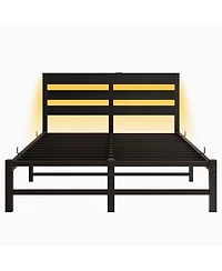 Simplie Fun Full Size Metal Bed Frame with Wooden Headboard, Rgb Lights, Outlets & Charger, Storage Shelf, Noise-Free, No Box Spring Needed