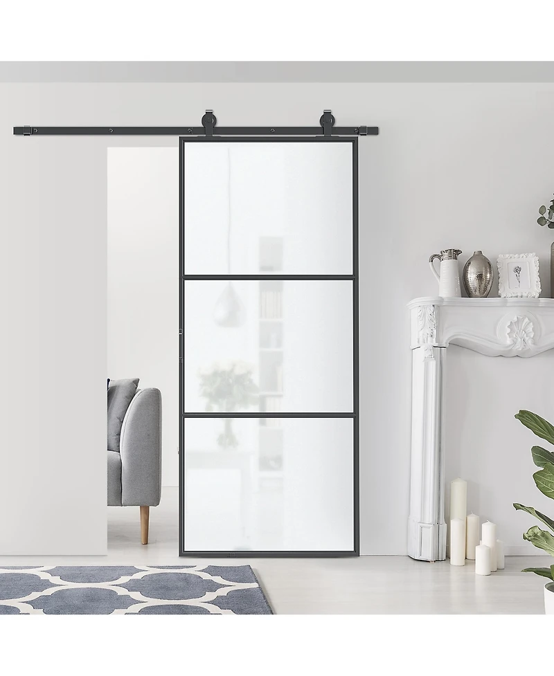 36" x 84" Sliding Door with Hardware Kit, Handle, & Track, Industrial Frosted Tempered Glass Door with Carbon Steel, Easy Installation