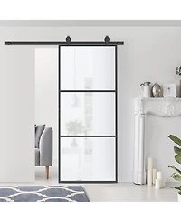 36" x 84" Sliding Door with Hardware Kit, Handle, & Track, Industrial Frosted Tempered Glass Door with Carbon Steel, Easy Installation