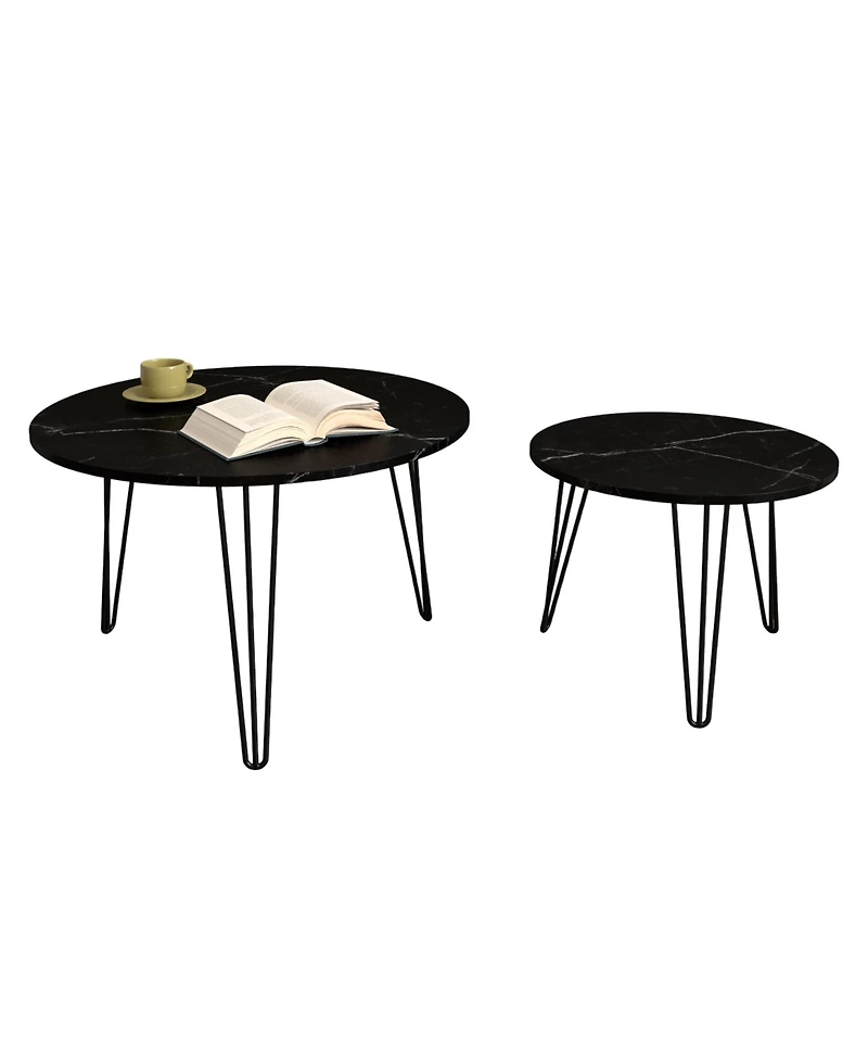 Streamdale Furniture 27.56" Round Nesting Coffee Table Set of 2, Circular Nesting End Table Set, Round Marble Tabletop, and Sturdy Metal Base for Livi