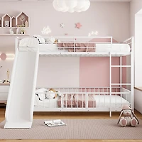 Simplie Fun Full over Full Size Metal Bunk Bed with Slide and Guardrails, White