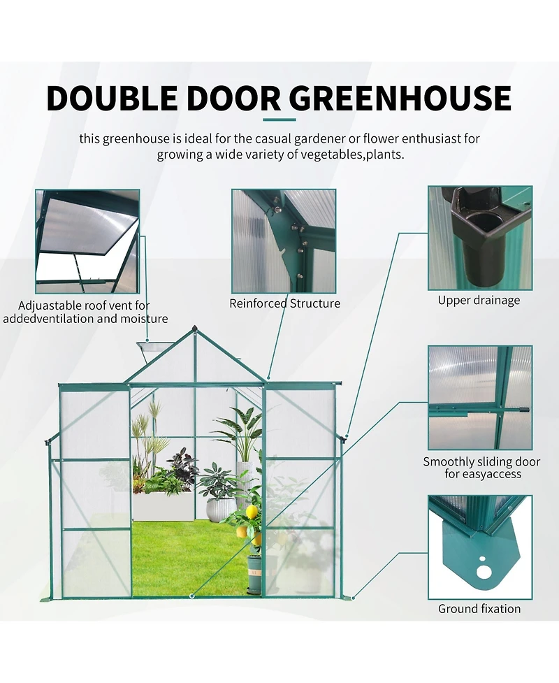 8x8 Ft Double Door Polycarbonate Greenhouse Raised Base and Anchor Aluminum Heavy Duty Walk-in Greenhouses for Outdoor Backyard in All Season, Green