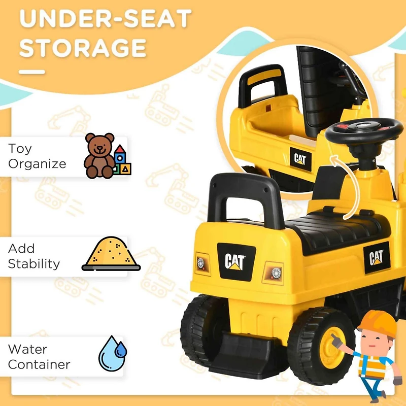 Excavator Ride on Toy, Cat Licensed Kids Manual Pedal Ride on Excavator with Manual Shovel, Horn, Hidden Storage for 18-36 Months Boys and Girls, Yell