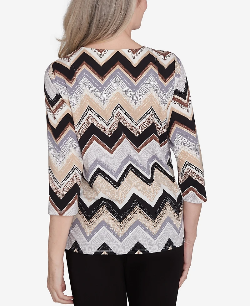 Alfred Dunner Petite Key Items Zig Zag Split Neck Top