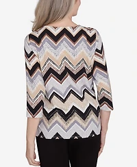 Alfred Dunner Petite Key Items Zig Zag Split Neck Top