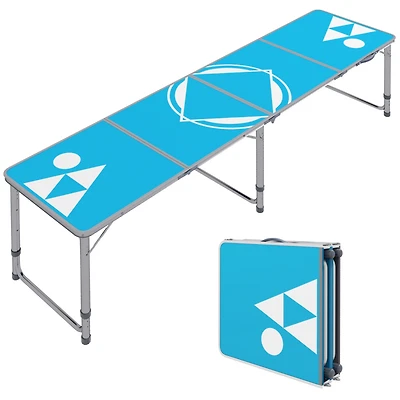 8ft Portable Beer Pong Table with Adjustable Legs, Folding Camping Table, Aluminum Picnic Table, for Party, Travel, Bbq, Beach, Blue and White