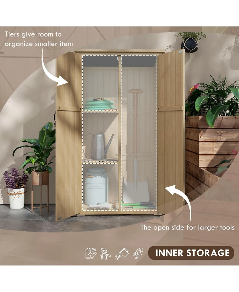 Wooden Garden Shed, Outdoor Storage Cabinet with Waterproof Asphalt Roof, Narrow Tool Shed with Shelves and Lockable Doors, Natural