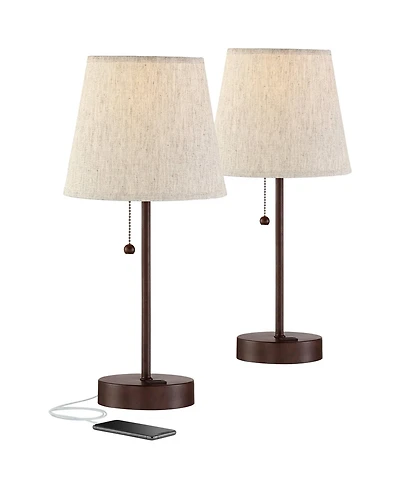 360 Lighting Justin Modern Accent Table Lamps 18 1/4" High Set of 2 Marbled Bronze Metal with Usb Charging Ports Oatmeal Drum Shade for Bedroom D