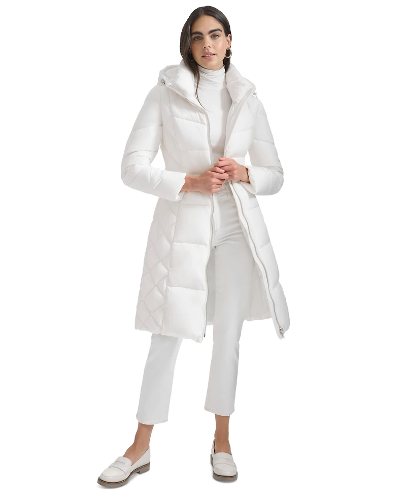 Calvin Klein Women's Diamond Quilted Side Belted Hooded Puffer Coat