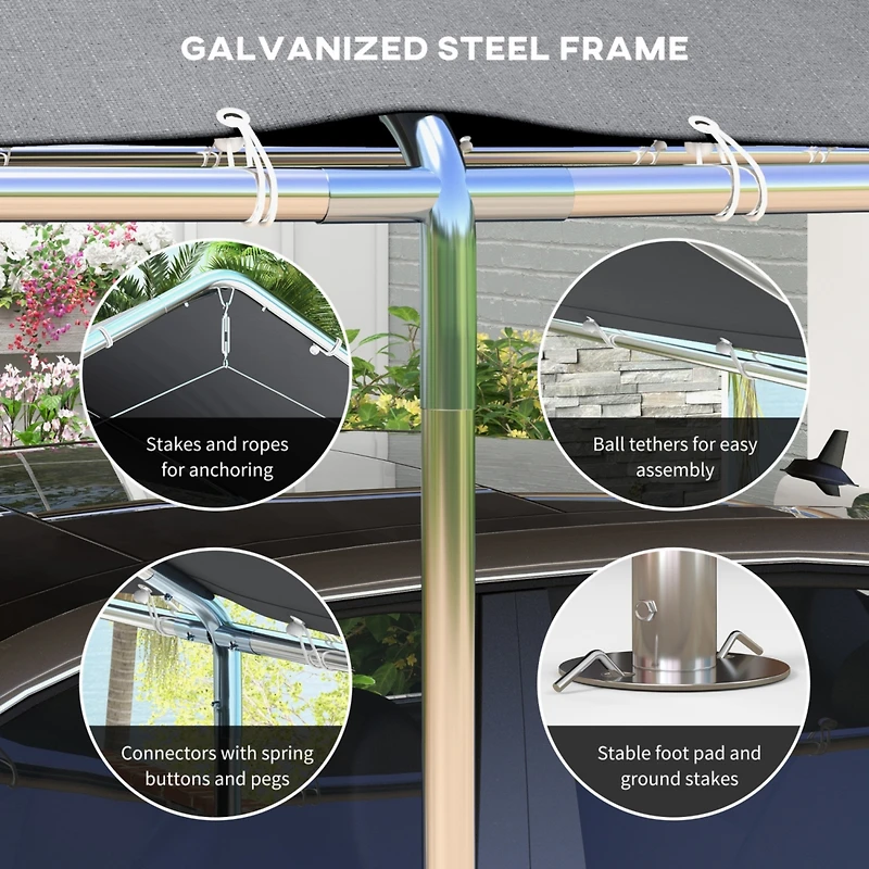 10'x20' Carport Heavy Duty Galvanized Car Canopy with Included Anchor Kit, 3 Reinforced Steel Cables, Grey