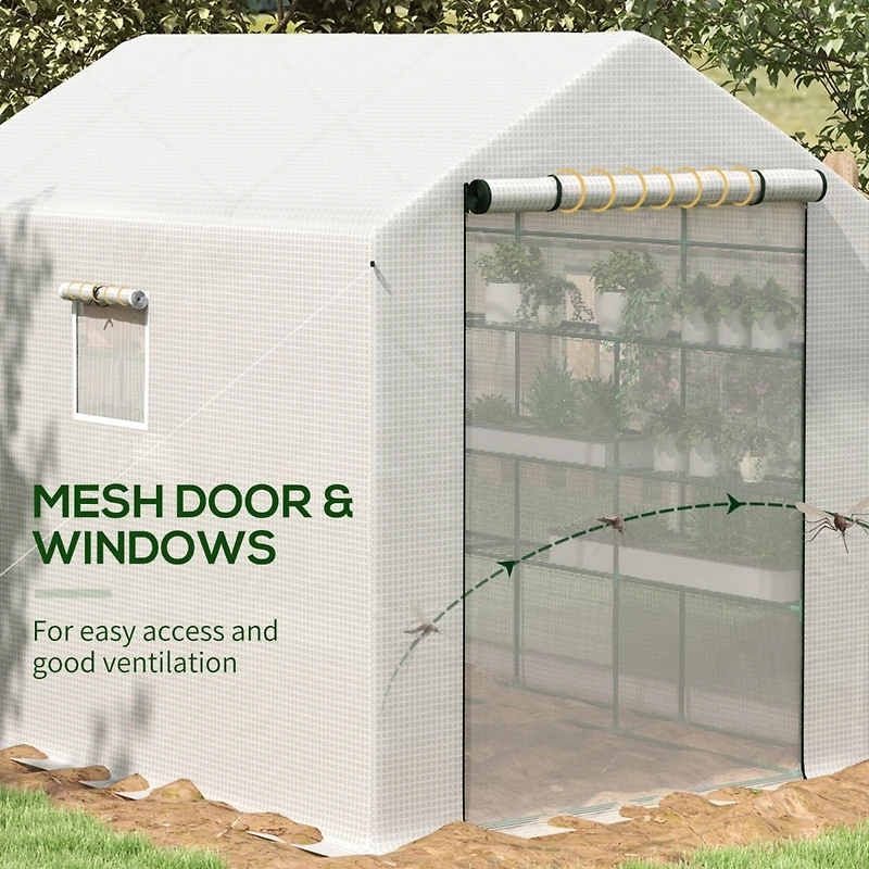 8' x 6' x 7' Walk-in Greenhouse with Mesh Door and Windows, 18 Shelf Green House with Trellis, Plant Labels, Uv protective for Growing Flowers, Herbs,