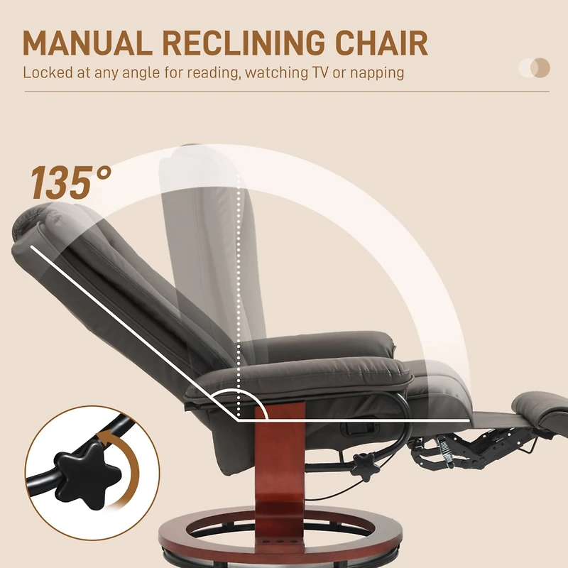 Manual Swivel Recliner Chair, Pu Leather Reclining Chair with Footrest for Living Room, Brown