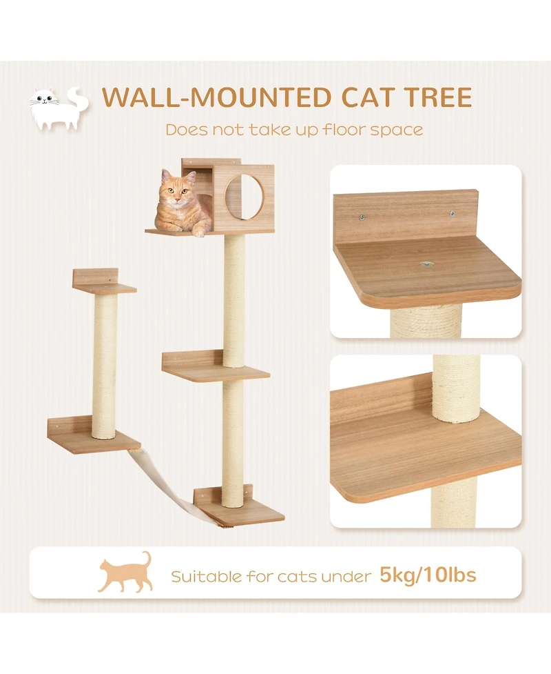 Wall-Mounted Multi-Level Cat Tree Activity Tower with Sisal-Covered Scratching Posts & an Interior Condo Area