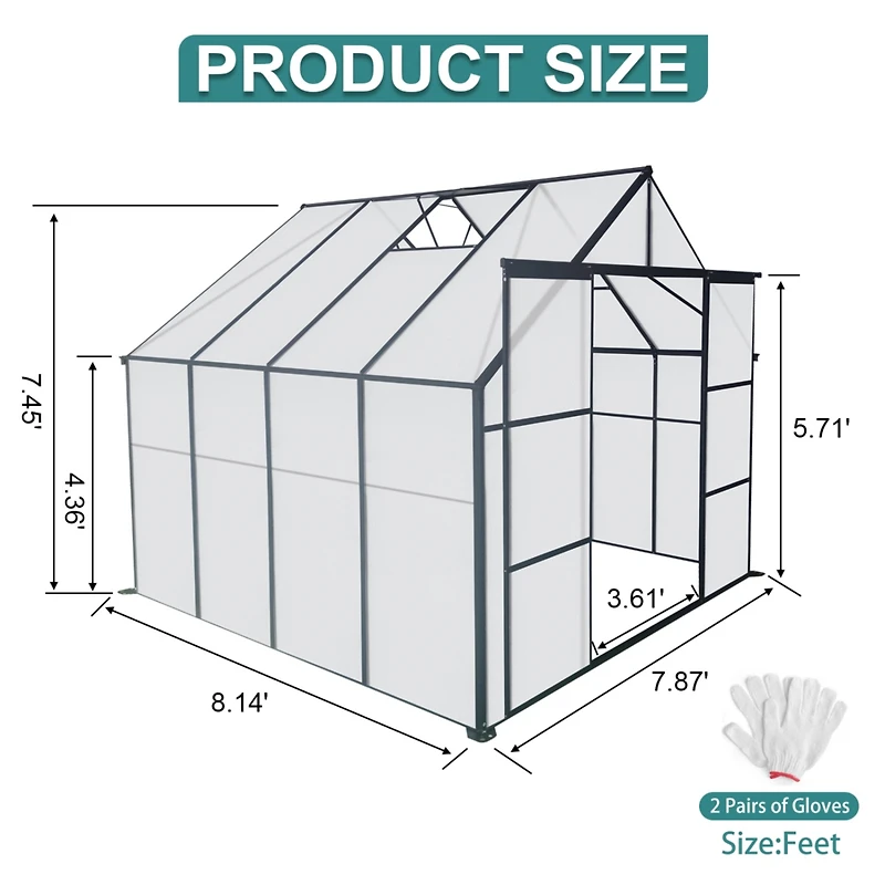 8x8 Ft Double Door Polycarbonate Greenhouse Raised Base and Anchor Aluminum Heavy Duty Walk-in Greenhouses for Outdoor Backyard in All Season, Black