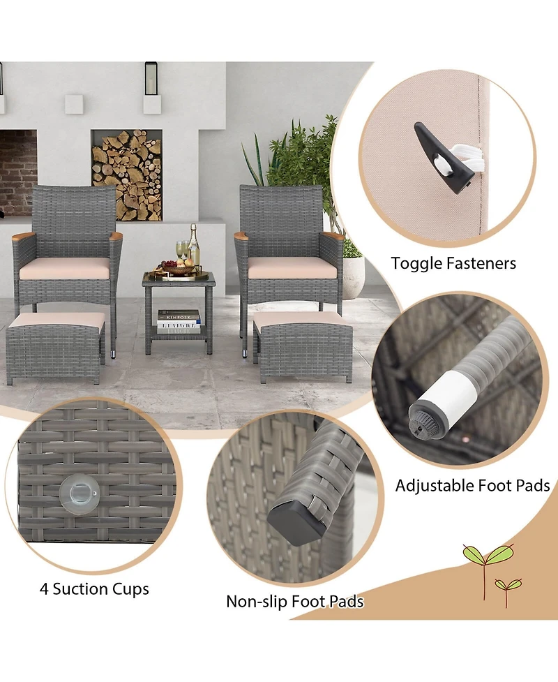 Costway 5 Pcs Patio Conversation Set with Soft Cushions Ottomans & Tempered Glass Top Table