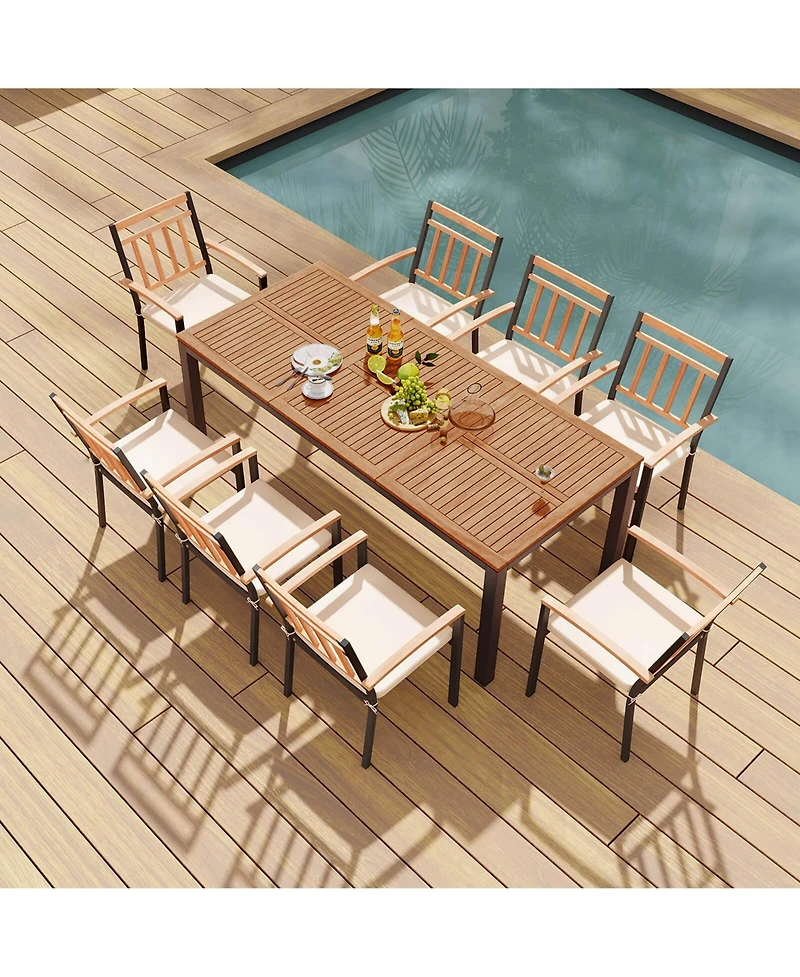 Costway 9 Pcs Outdoor Dining Table & Chairs Set Table with Acacia Wood Top Umbrella Hole