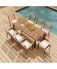 Costway 9 Pcs Outdoor Dining Table & Chairs Set Table with Acacia Wood Top Umbrella Hole