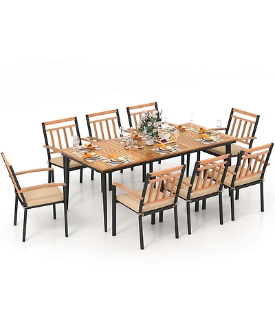 9 Pcs Patio Dining Set 79" Rectangle Dining Tables with 8 Wooden Armchairs