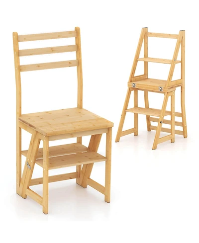 Costway Toddler 3-Step Folding Step Ladder Chair with Bamboo Frame Convertible Stool Reddish