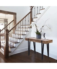 LuxenHome Oak Finish Mdf Wood Black Metal Console Entry Table