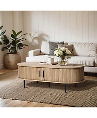 LuxenHome Mid-Century Modern Coffee Table with Storage and Slatted Sliding Doors Oval Center Table