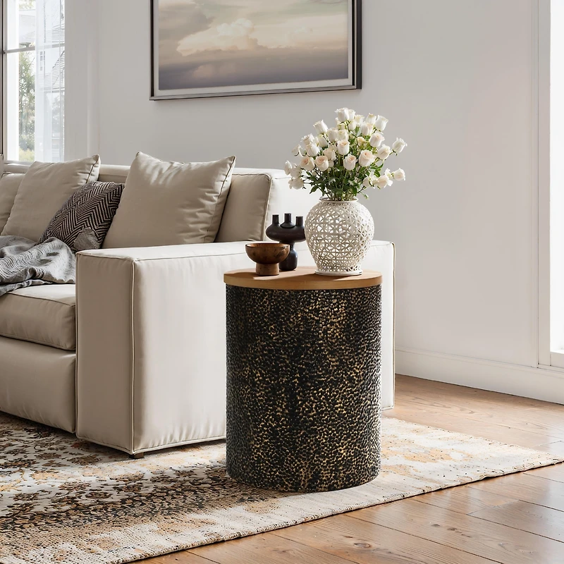 LuxenHome Black and Gold Hammered Iron Metal Table with Mdf Wood Top