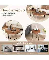 Costway Farmhouse Round CoffeeTable Set of 2 End Table Natural Finish for Living Room Coffee