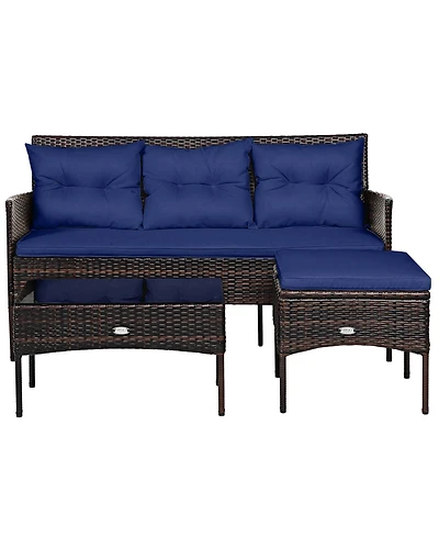 Costway 3PCS Patio Rattan Furniture Set 3-Seat Sofa Cushioned Table Garden