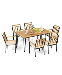 Costway 7 Pcs Patio Dining Set with Acacia Wood Dining Table Rattan Armchairs Soft Cushions