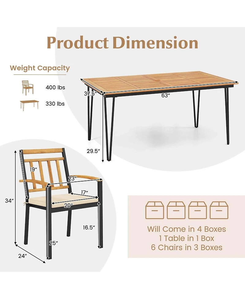 Costway 7 Pcs Patio Dining Set with Acacia Wood Dining Table Rattan Armchairs Soft Cushions