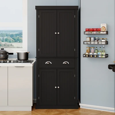 71" Kitchen Pantry Storage Cabinet, with 4 Doors, Drawer, 2 Adjustable Shelves, Freestanding Cupboard for Dining Room Living Room, Laundry-Black