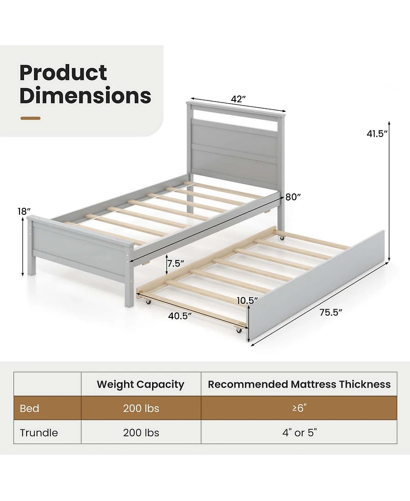 Twin Platform Bed with Trundle Pull-out Headboard & Footboard