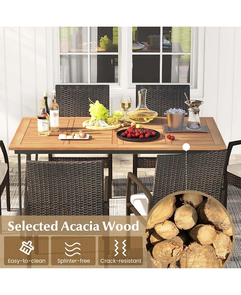 7 Pcs Patio Dining Set with Acacia Wood Dining Table Rattan Armchairs Soft Cushions