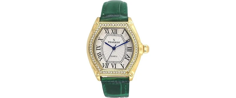 Peugeot Women's 36mm Green Watch Barrel Shaped Tank Case Leather Strap