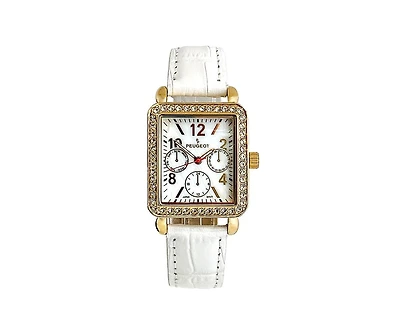 Peugeot Women's 14K Gold Plated Square Dress Watch with European Crystals and White Leather Band