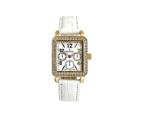Peugeot Women's 14K Gold Plated Square Dress Watch with European Crystals and White Leather Band