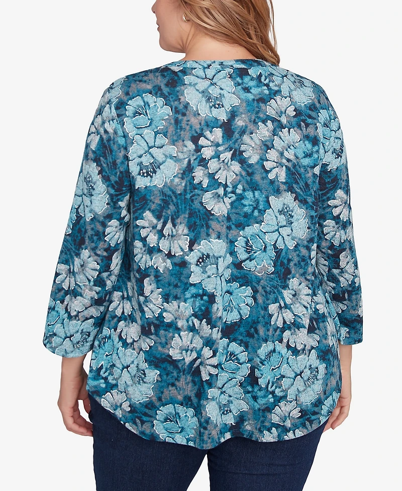 Ruby Rd. Plus Size Embellished Wintery Floral Hatchi Top
