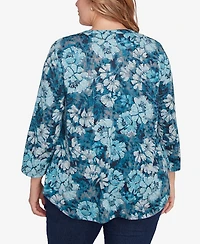 Ruby Rd. Plus Size Embellished Wintery Floral Hatchi Top