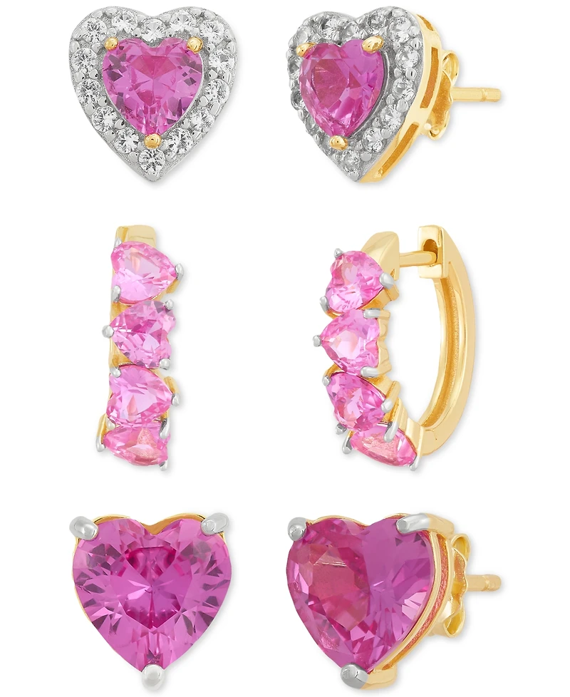 3-Pc. Set Lab Created Pink Sapphire (6 ct. t.w.) & Lab Created White Sapphire (1/2 ct. t.w.) Heart Stud & Small Hoop Earrings 14k Gold-Plated Sterling